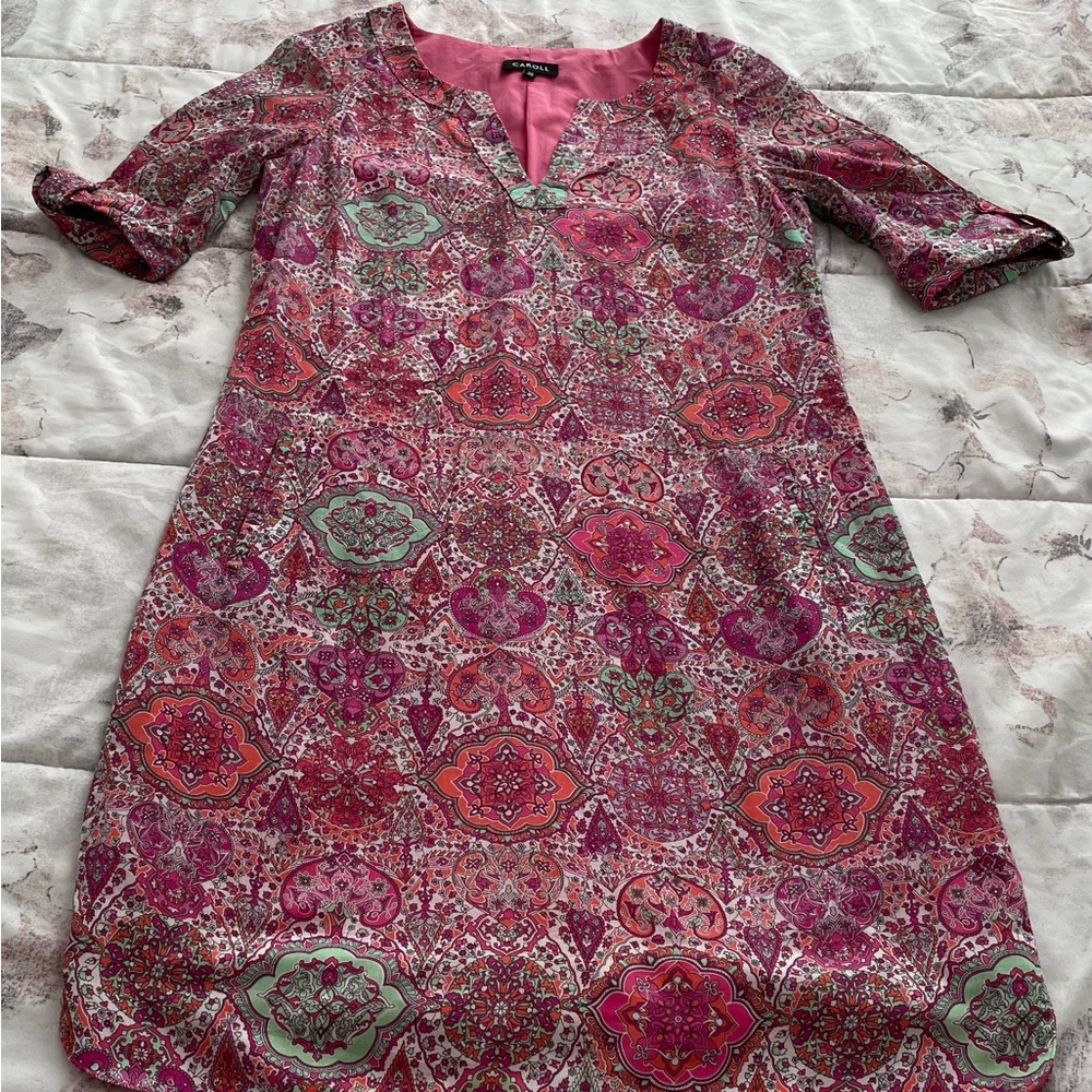 Caroll pink floral geometric 100% cotton shift dress, size 38 or US S France
